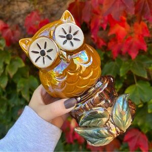 Vintage Ceramic Iridescent Glazed Owl Figurine in Gold Brown